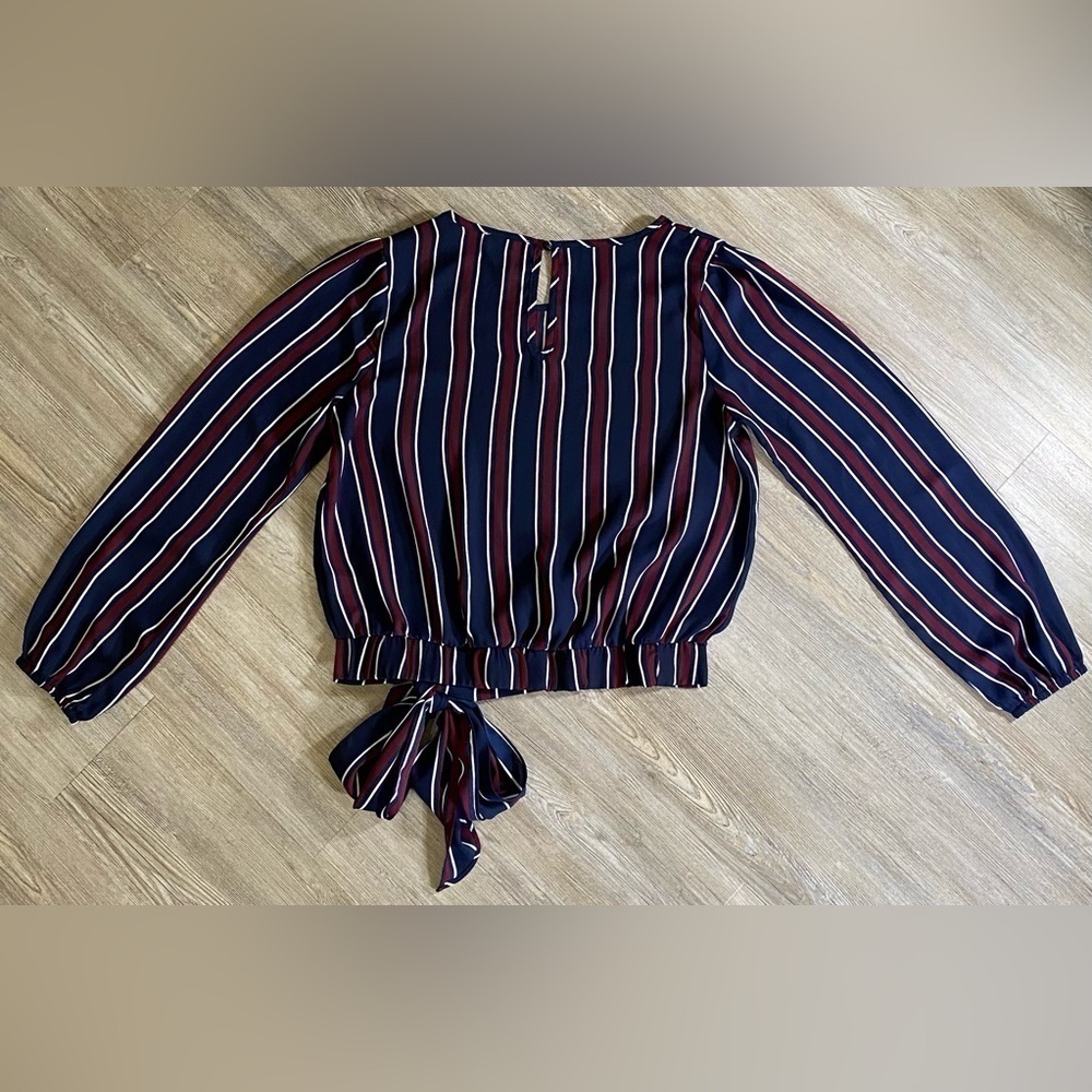 Nine Britton Navy Blue, Maroon, White Striped Blouse with Waist Tie - Picture 2 of 4